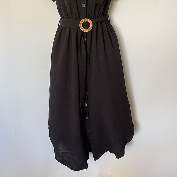 Blu Pepper Mine Black Dress Button Front Matching Belt Midi NWT Sz Medium - Picture 7 of 9